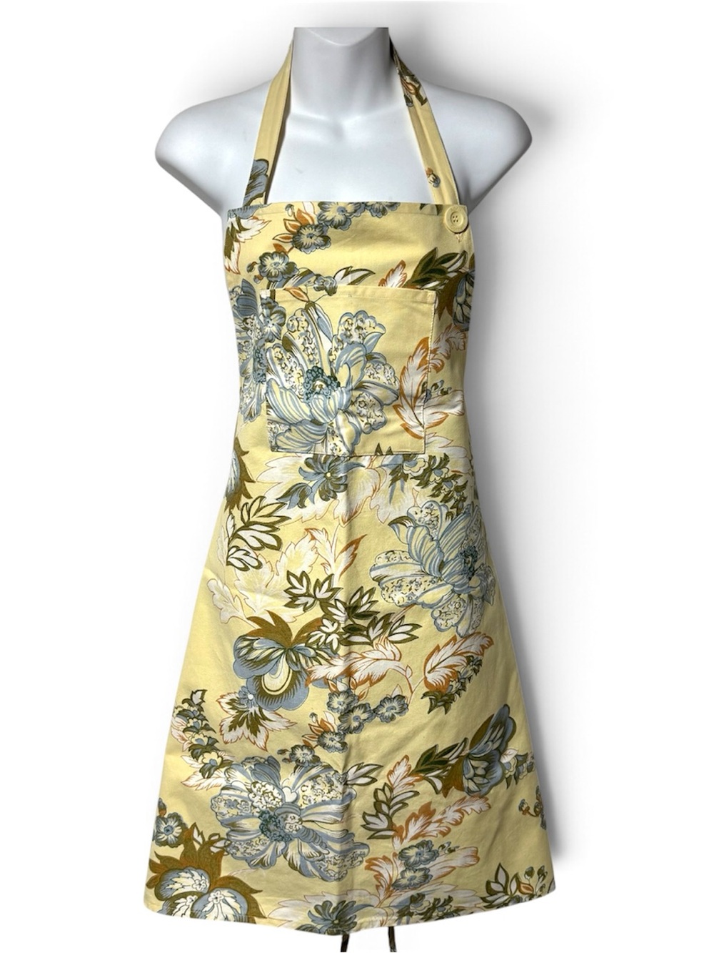 April Cornell Pastel Yellow Blue Floral Print Apron Button Cottagecore Farmhouse